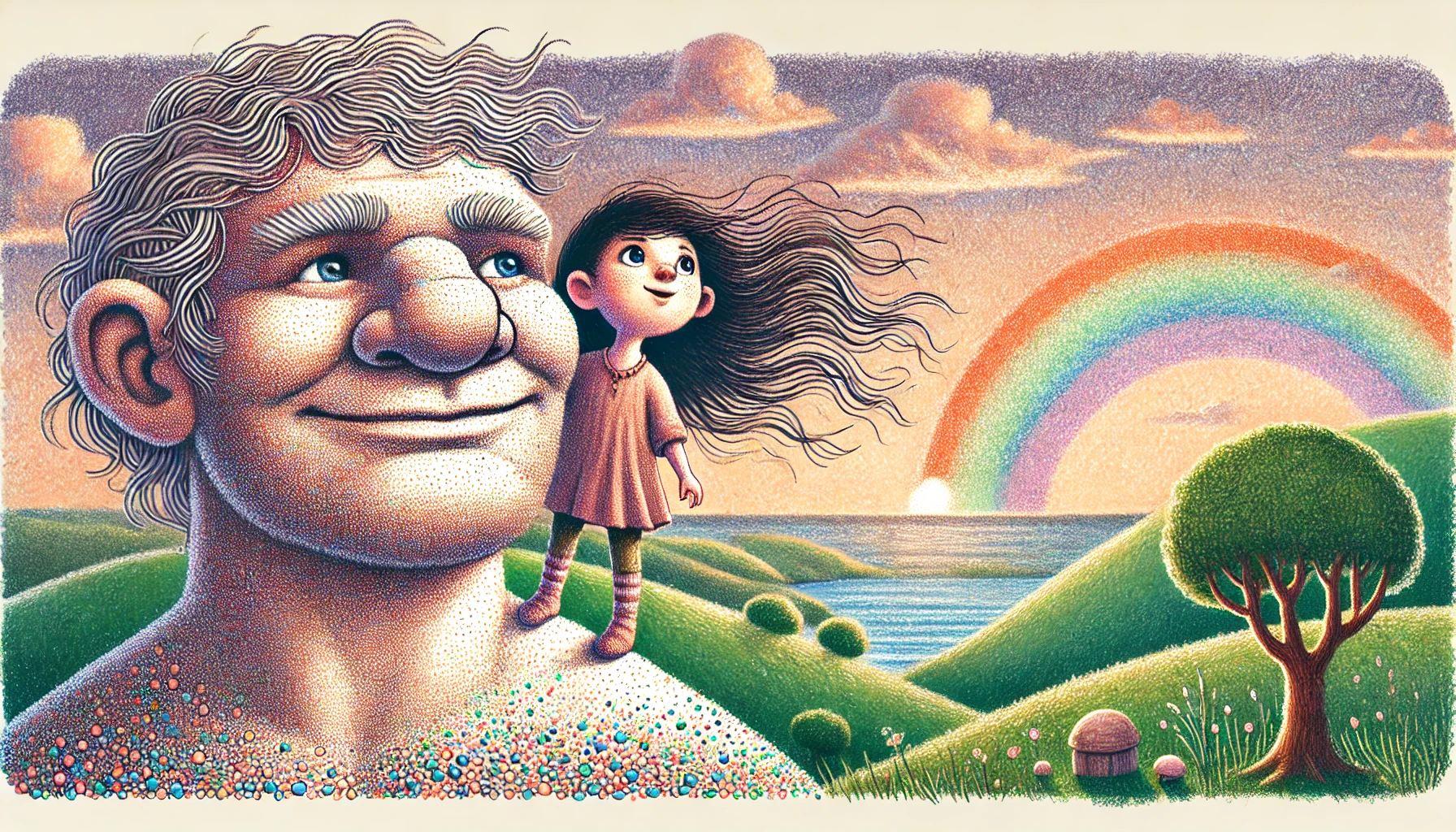 A caricature in pointillism and crayon style of a girl standing on a giant's shoulder. The girl is looking at the world around her, which comprises the background, featuring clouds, a rainbow, mountains, sea, and plants at dawn. The giant has exaggerated, gentle features with a kind smile.